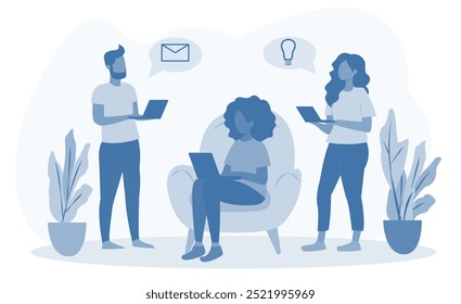 Ilustração mostrando uma equipe de três pessoas com laptops, discutindo ideias e comunicação por e-mail, com decoração em um ambiente de escritório. Conceito de trabalho em equipe e colaboração. Ilustração vetorial