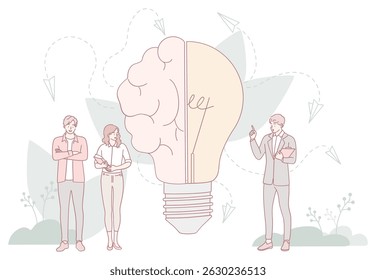 An illustration showing teamwork with a lightbulb and diverse professionals engaged in discussion and collaboration