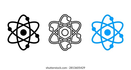 Illustration showing three atomic structures with central nuclei and electrons orbiting in distinct paths isolated on transparent background