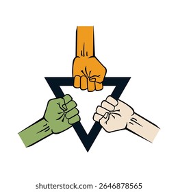 Illustration showing three colored fists forming a triangle symbolizing unity, collaboration, and diversity. Represents teamwork, friendship, and strength in diversity. Ideal for themes of equality