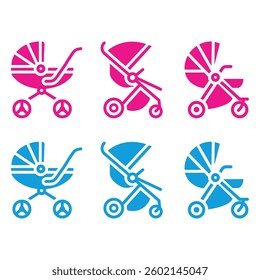 
Illustration showing three different pink strollers for a girl and three blue ones for a boy, on a white background