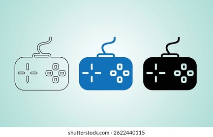 Illustration showing three game controllers with distinct black, blue, and outline styles, highlighting their vibrant and creative design concept.