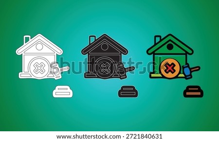 An illustration showing three variations of a house and gavel icon. The left is a white outline, the center is a black outline, and the right is colored, all against a teal gradient background.