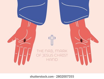 An illustration showing a top-down view of open palms with crucifixion nail pierces or stigmata marks in the center