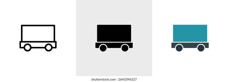 Illustration showing a train wagon icon presented in three distinct styles a thin outline, a solid black silhouette, and a colored design, each on a white background.