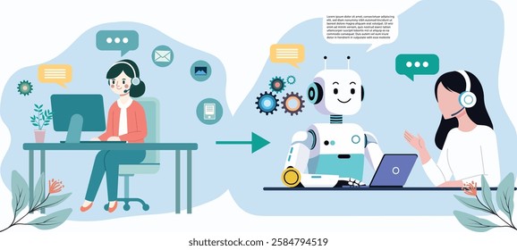 Illustration showing the transition from human customer support to AI chatbot assistance. Concept of artificial intelligence, automation, call center, and futuristic communication technology.