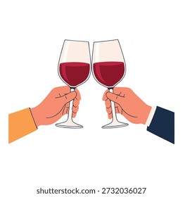 An illustration showing two different hands holding red wine glasses clinking together in a toast against a clean white background, symbolizing celebration or partnership.