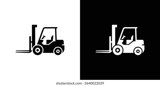 Illustration showing two forklift icons, one black on white and one white on black. The graphic represents material handling equipment for industrial and logistical applications.