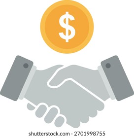 Ilustração com duas mãos tremendo de acordo abaixo de uma moeda de ouro com um sinal de dólar, simbolizando um negócio, transação financeira ou parceria.