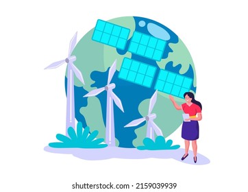 Illustration showing the use of solar and wind energy to generate electricity. ecological nature ,concept, flat, illustration.