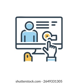 Illustration showing a user profile on a computer screen with a hand clicking the search icon. Flat graphic design.