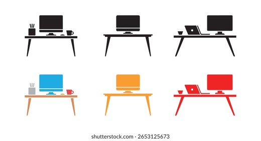 Illustration showing various desktops with computer monitors, laptops, coffee mug, and pen holders, presented with different colors on a white background.