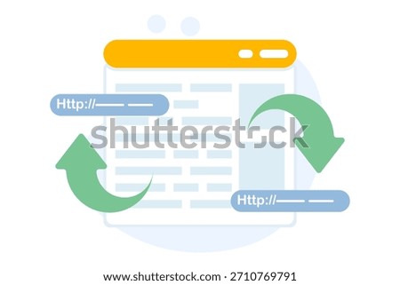 Illustration showing website migration and SEO redirects, representing digital marketing, web optimization, and technical SEO processes for online projects.