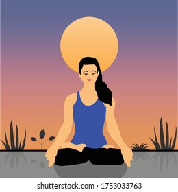 Illustration showing woman in meditation pose with sun in background