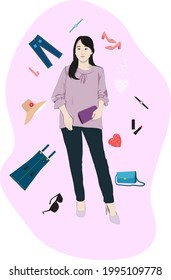 An illustration showing a woman's fashion model, plus ornaments related to woman