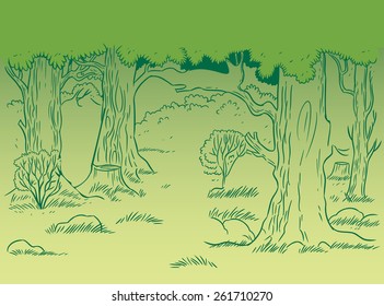 The illustration shows the abstract green forest landscape. Illustration made in the style wallpaper.