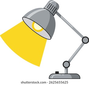 Illustration shows an adjustable desk lamp emitting a bright yellow light beam. The modern design and lighting effect create a warm, focused atmosphere. Calm and practical mood.