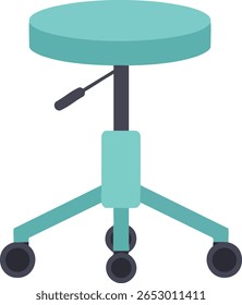 Illustration shows an adjustable round office stool with teal seat and black wheels, designed for ergonomic seating and smooth movement in workspace environments, functional and modern.