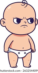 Illustration shows an angry baby boy standing with clenched fists wearing a diaper in a simple cartoon style, conveying a mood of frustration and determination.