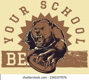 The illustration shows an angry bear that is playing football. It seems to be a rough game. 