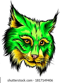 The illustration shows an angry bobcat face. The wild animal has sharp fangs and looks scary.