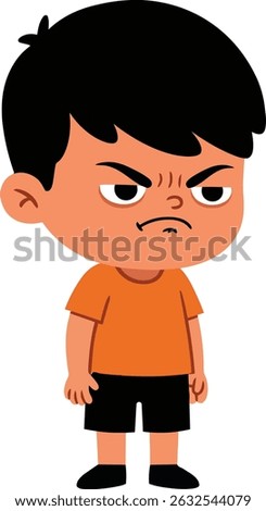 Illustration shows an angry boy with black hair wearing an orange shirt and black shorts standing with a frown. The expression conveys frustration and moodiness. Charming and expressive.