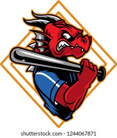 The illustration shows an angry dragon that plays baseball. He has a red skin color, fangs, big ears and horns. The dragon player holds a baseball bat. 