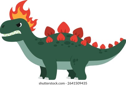 Illustration shows an angry green stegosaurus dinosaur with red flaming spikes along its back. The dinosaur stands firm, expressing fierce and fiery mood.