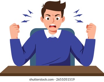 Illustration shows an angry man wearing a blue sweater sitting at a desk with clenched fists and stress marks around his head, conveying intense frustration and anger mood.
