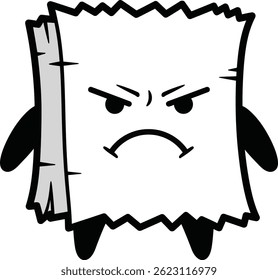 Illustration shows an angry paper bag character with expressive eyes, frowning mouth, and small limbs, rendered in simple black and white style. Mood is grumpy.