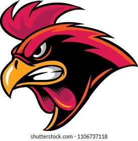 The illustration shows an angry rooster that has red feathers, a red crest and a small yellow beak. 
