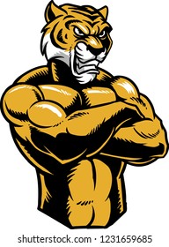 The illustration shows an angry Tiger.He has a brown color, a threatening face,a body full of muscles and sharp fangs. He is a powerful predator.His look is full of anger and aggressiveness.