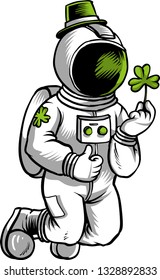 The illustration shows an astronaut that wears a leprechaun hat and holds a clover leaf. 