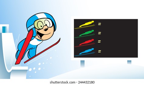 The illustration shows an athlete skier, who jumps from a springboard. Illustration done in cartoon style, on separate layers. 