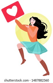The illustration shows an attractive brunette woman in motion holding a poster with heart (like) in her hand. She blows a kiss. The concept of modern marketing in social networks. Used cartoon style.