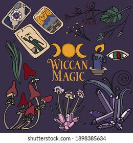 The illustration shows the attributes of magic, crystals,herbs, tarot cards.