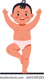 Illustration shows a baby boy standing on one leg wearing a diaper with hands raised, smiling cheerfully, expressing joy and playfulness in a simple style. Cheerful mood.