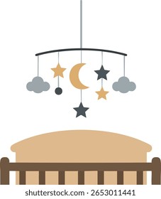 A ilustração mostra um berço de bebê com um celular pendurado com estrelas, lua e nuvens em cores neutras suaves, criando uma atmosfera calma de berçário. Gentil e calmante.