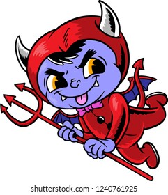 The illustration shows a baby demon. He  has small horns, sharp fangs and small wings. He is holding a red trident. The little demon looks naughty, but cute. 