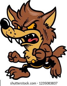 The illustration shows a baby werewolf . He has a brown fur, sharp fangs and his face express anger. He is wearing a pair of black pants.