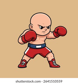 Illustration shows a bald boxer wearing red gloves and shorts in a fighting stance with determination. Background is beige, creating a focused mood.
