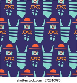 The illustration shows the beach accessories - swimsuit, glasses, towel, hat.