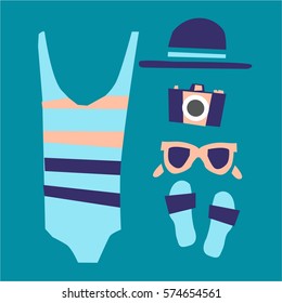 The illustration shows the beach accessories - swimsuit, glasses, towel, hat.