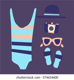The illustration shows the beach accessories - swimsuit, glasses, towel, hat.