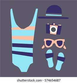 The illustration shows the beach accessories - swimsuit, glasses, towel, hat.
