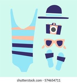 The illustration shows the beach accessories - swimsuit, glasses, towel, hat.
