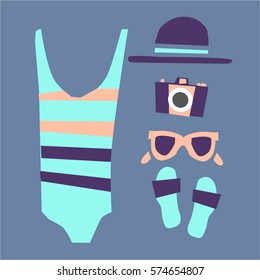 The illustration shows the beach accessories - swimsuit, glasses, towel, hat.