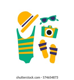 The illustration shows the beach accessories - swimsuit, glasses, towel, hat.