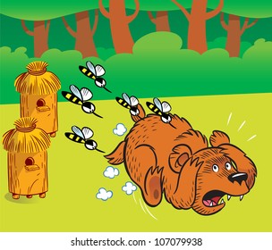 The illustration shows a bear in the apiary.Angry bees from the hive chases a bear.Illustration done in cartoon style, on separate layers.