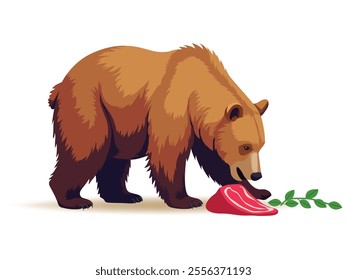 An illustration shows a bear as an omnivore, eating both meat and plants, highlighting its adaptable diet and role in the food chain.